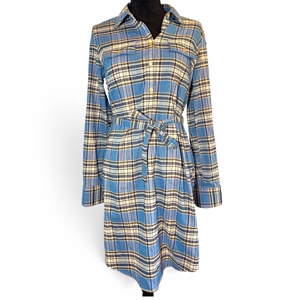 Peter Millar Plaid Shirt Dress Blue Navy White Collared Button Belted Size M